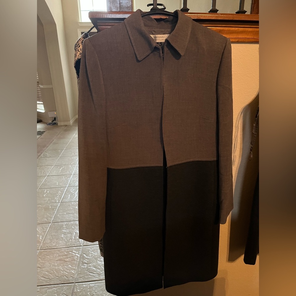 Tahari black and grey color block black coat and black dress.